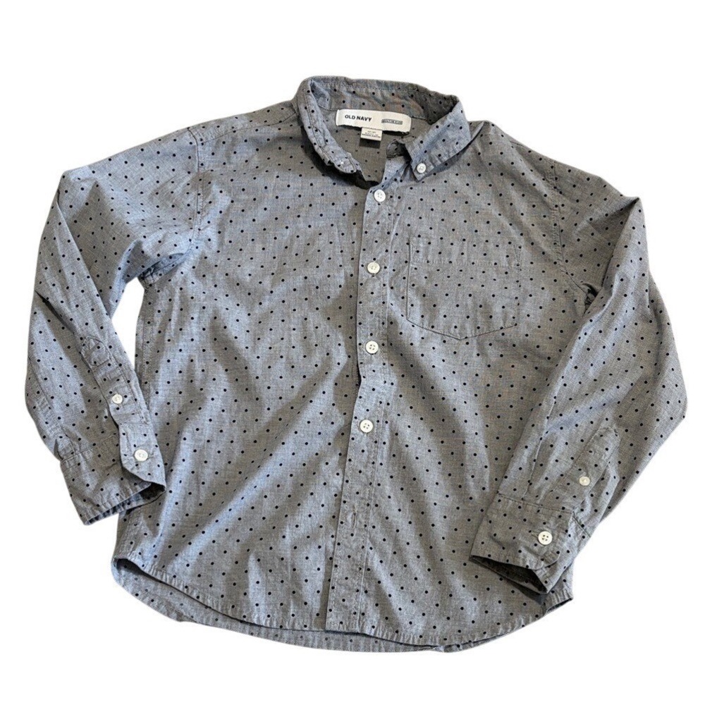Old Navy Boys Built-in Flex Button Down Shirt Size 8 Grey Polka Dot Long Sleeve
